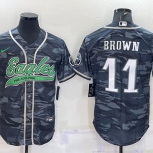 Men Philadelphia Eagles #11 A. J. Brown Gray Camo With Patch Cool Base Stitched Baseball Jersey