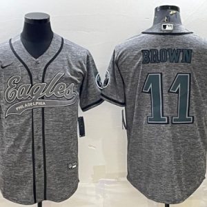 Men Philadelphia Eagles #11 A. J. Brown Gray With Patch Cool Base Stitched Baseball Jersey