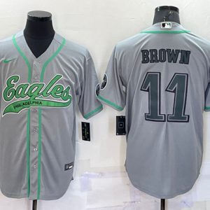 Men Philadelphia Eagles #11 A. J. Brown Gray With Patch Cool Base Stitched Baseball Jersey