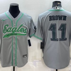 Men Philadelphia Eagles #11 A. J. Brown Gray With Patch Cool Base Stitched Baseball Jersey