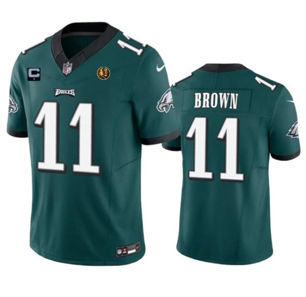 Men Philadelphia Eagles #11 A. J. Brown Green 2023 F.U.S.E. With 1-star C Patch And John Madden Patch Vapor Limited Football Stitched Jersey