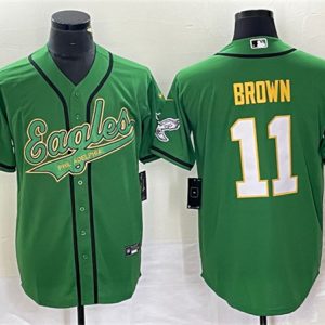 Men Philadelphia Eagles #11 A. J. Brown Green Gold Cool Base Baseball Stitched Jersey