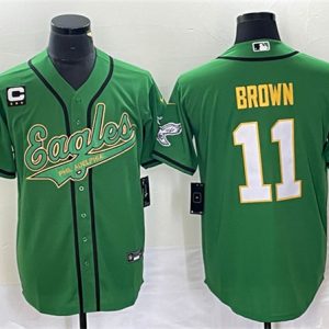 Men Philadelphia Eagles #11 A. J. Brown Green Gold With C Patch Cool Base Baseball Stitched Jersey