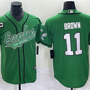 Men Philadelphia Eagles #11 A. J. Brown Green With C Patch Cool Base Baseball Stitched Jersey