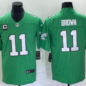 Men Philadelphia Eagles #11 A. J. Brown Green With C Patch Stitched Football Jersey