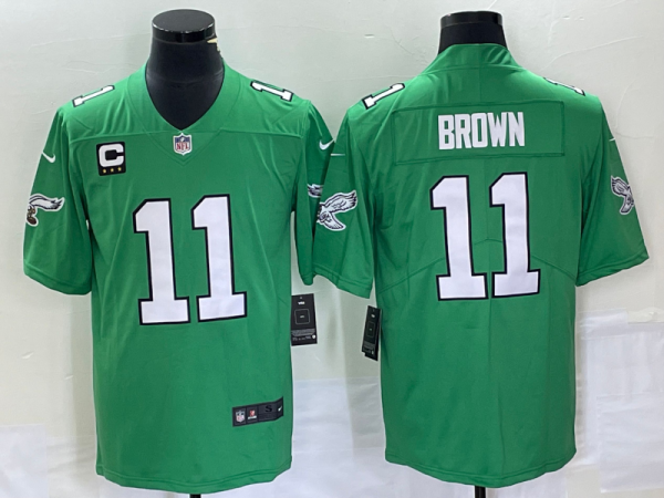 Men Philadelphia Eagles #11 A. J. Brown Green With C Patch Stitched Football Jersey