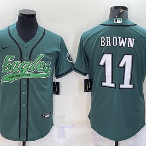 Men Philadelphia Eagles #11 A. J. Brown Green With Patch Cool Base Stitched Baseball Jersey