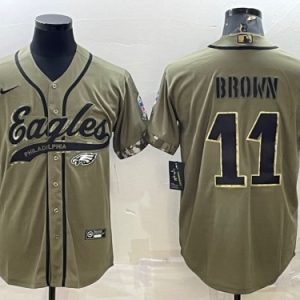 Men Philadelphia Eagles #11 A. J. Brown Olive 2022 Salute To Service Cool Base Stitched Baseball Jersey