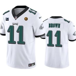 Men Philadelphia Eagles #11 A. J. Brown White 2023 F.U.S.E. With 1-star C Patch And John Madden Patch Vapor Limited Football Stitched Jersey