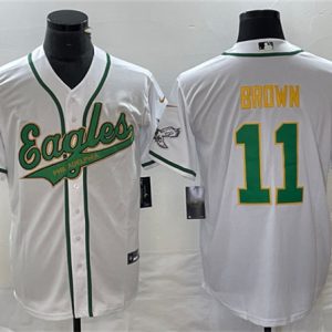 Men Philadelphia Eagles #11 A. J. Brown White Gold Cool Base Baseball Stitched Jersey