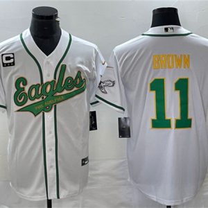 Men Philadelphia Eagles #11 A. J. Brown White Gold With C Patch Cool Base Baseball Stitched Jersey