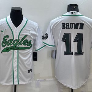 Men Philadelphia Eagles #11 A. J. Brown White With Patch Cool Base Stitched Baseball Jersey