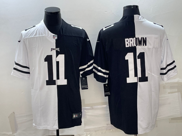 Men Philadelphia Eagles #11 A.J. Brown Black & White Split Limited Stitched Jersey