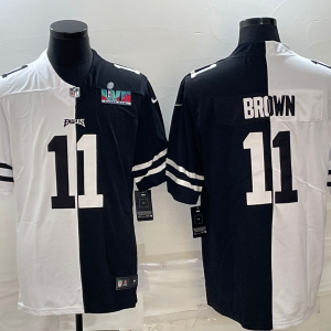 Men Philadelphia Eagles #11 A.J. Brown Black & White Split Super Bowl LVII Patch Limited Stitched Jersey