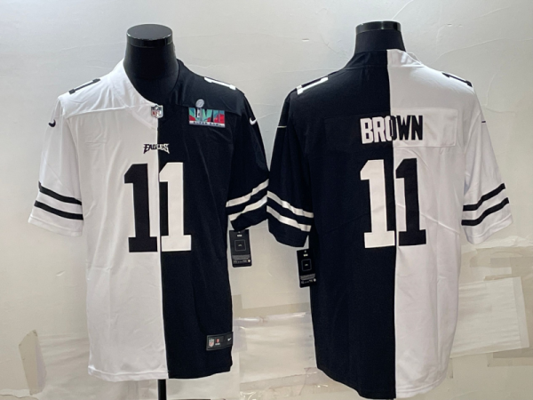 Men Philadelphia Eagles #11 A.J. Brown Black & White Split Super Bowl LVII Patch Limited Stitched Jersey