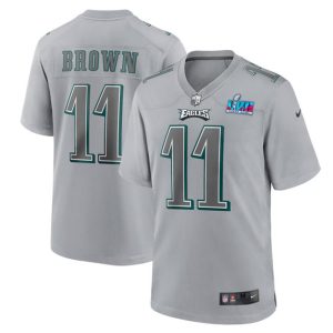 Men Philadelphia Eagles #11 A.J. Brown Gray Super Bowl LVII Patch Atmosphere Fashion Stitched Game Jersey