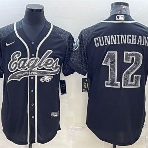 Men Philadelphia Eagles #12 Randall Cunningham Black Reflective With Patch Cool Base Stitched Baseball Jersey