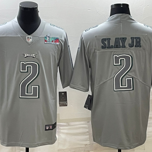 Men Philadelphia Eagles #2 Darius Slay JR Gray Super Bowl LVII Patch Atmosphere Fashion Stitched Jersey