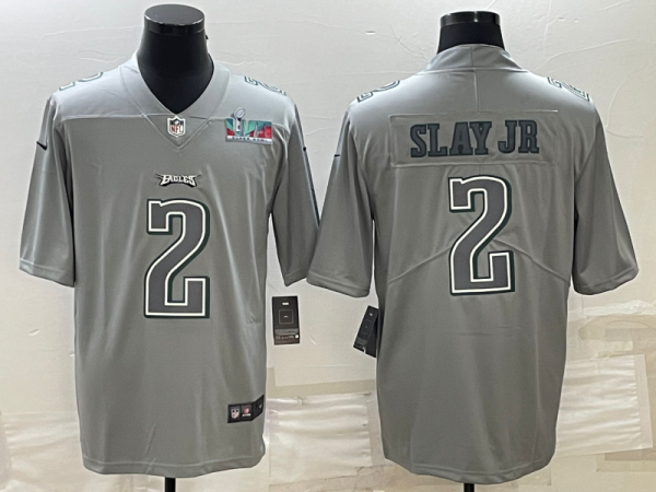 Men Philadelphia Eagles #2 Darius Slay JR Gray Super Bowl LVII Patch Atmosphere Fashion Stitched Jersey