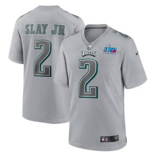 Men Philadelphia Eagles #2 Darius Slay Jr. Gray Super Bowl LVII Patch Atmosphere Fashion Stitched Game Jersey