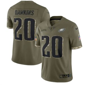 Men Philadelphia Eagles #20 Brian Dawkins 2022 Olive Salute To Service Limited Stitched Jersey