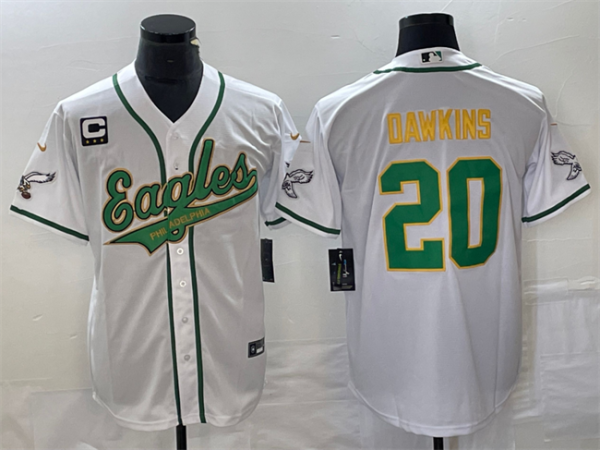 Men Philadelphia Eagles #20 Brian Dawkins White Gold With C Patch Cool Base Stitched Baseball Jersey