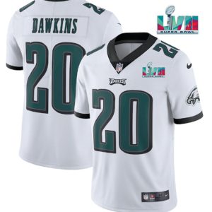 Men Philadelphia Eagles #20 Brian Dawkins White Super Bowl LVII Patch Vapor Untouchable Limited Stitched Jersey