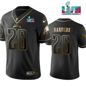 Men Philadelphia Eagles #26 Miles Sanders Black Golden Super Bowl LVII Patch Edition Stitched Football Jersey