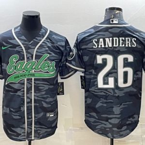 Men Philadelphia Eagles #26 Miles Sanders Gray Camo With Patch Cool Base Stitched Baseball Jersey