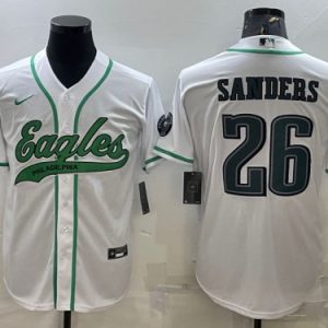 Men Philadelphia Eagles #26 Miles Sanders White With Patch Cool Base Stitched Baseball Jersey