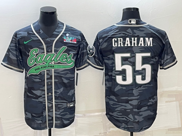 Men Philadelphia Eagles #55 Brandon Graham Gray Camo With Super Bowl LVII Patch Cool Base Stitched Baseball Jersey