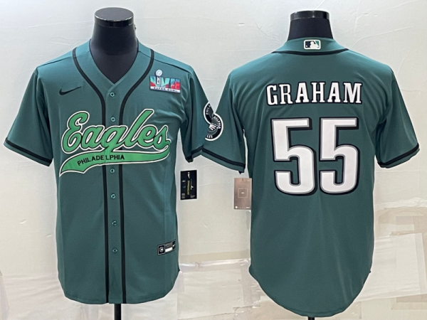 Men Philadelphia Eagles #55 Brandon Graham Green With Super Bowl LVII Patch Cool Base Stitched Baseball Jersey