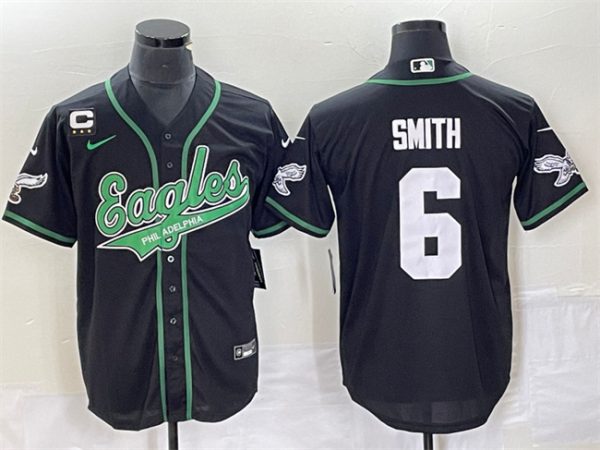 Men Philadelphia Eagles #6 DeVonta Smith Black With C Patch Cool Base Stitched Baseball Jersey