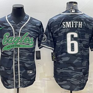 Men Philadelphia Eagles #6 DeVonta Smith Gray Camo With Patch Cool Base Stitched Baseball Jersey