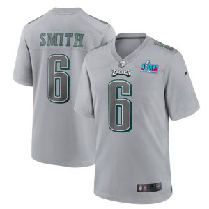 Men Philadelphia Eagles #6 DeVonta Smith Gray Super Bowl LVII Patch Atmosphere Fashion Stitched Game Jersey