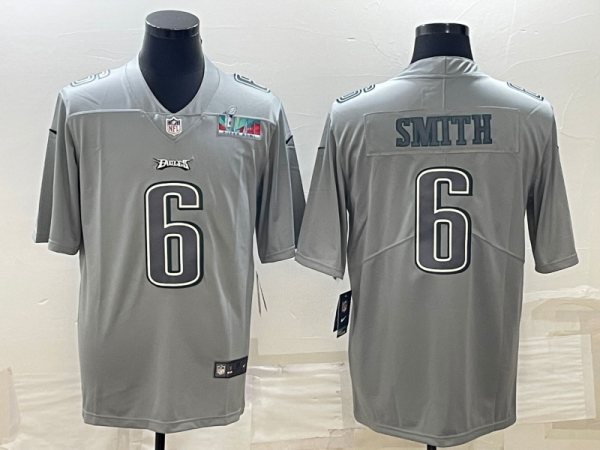 Men Philadelphia Eagles #6 DeVonta Smith Gray Super Bowl LVII Patch Atmosphere Fashion Stitched Jersey