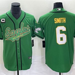 Men Philadelphia Eagles #6 DeVonta Smith Green Gold With C Patch Cool Base Baseball Stitched Jersey