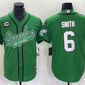 Men Philadelphia Eagles #6 DeVonta Smith Green With C Patch Cool Base Stitched Baseball Jersey