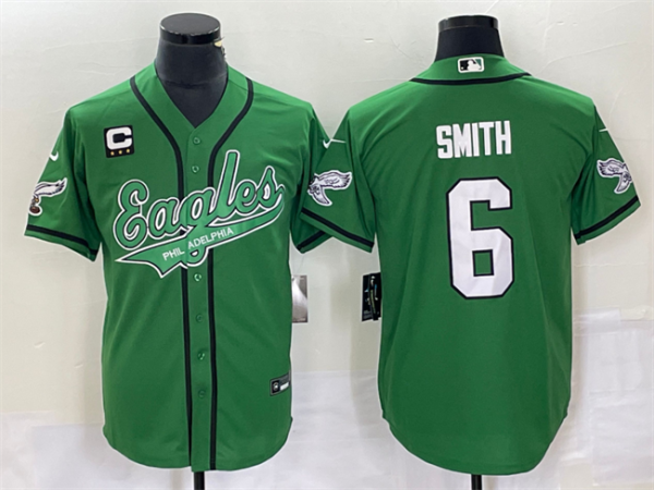 Men Philadelphia Eagles #6 DeVonta Smith Green With C Patch Cool Base Stitched Baseball Jersey