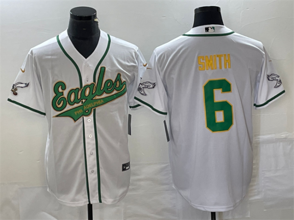 Men Philadelphia Eagles #6 DeVonta Smith White Gold Cool Base Stitched Baseball Jersey