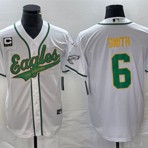 Men Philadelphia Eagles #6 DeVonta Smith White Gold With C Patch Cool Base Stitched Baseball Jersey