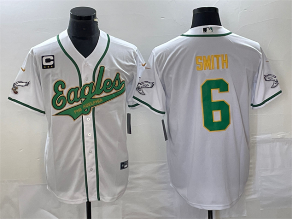 Men Philadelphia Eagles #6 DeVonta Smith White Gold With C Patch Cool Base Stitched Baseball Jersey