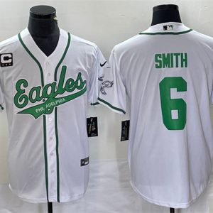 Men Philadelphia Eagles #6 DeVonta Smith White With C Patch Cool Base Stitched Baseball Jersey