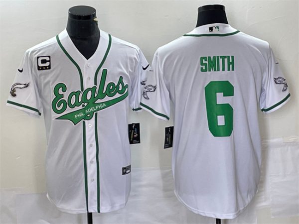 Men Philadelphia Eagles #6 DeVonta Smith White With C Patch Cool Base Stitched Baseball Jersey