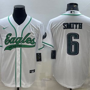 Men Philadelphia Eagles #6 DeVonta Smith White With Patch Cool Base Stitched Baseball Jersey