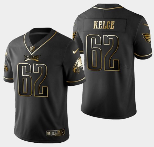 Men Philadelphia Eagles #62 Jason Kelce Black Golden Edition Stitched Baseball Jersey