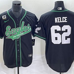 Men Philadelphia Eagles #62 Jason Kelce Black With C Patch Cool Base Stitched Baseball Jersey