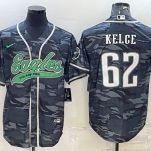 Men Philadelphia Eagles #62 Jason Kelce Gray Camo With Patch Cool Base Stitched Baseball Jersey