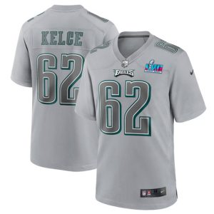 Men Philadelphia Eagles #62 Jason Kelce Gray Super Bowl LVII Patch Atmosphere Fashion Stitched Game Jersey