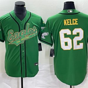 Men Philadelphia Eagles #62 Jason Kelce Green Gold Cool Base Stitched Baseball Jersey